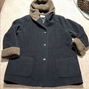 Women's 18 100% wool body pea coat black with brown furry hood and cuffs